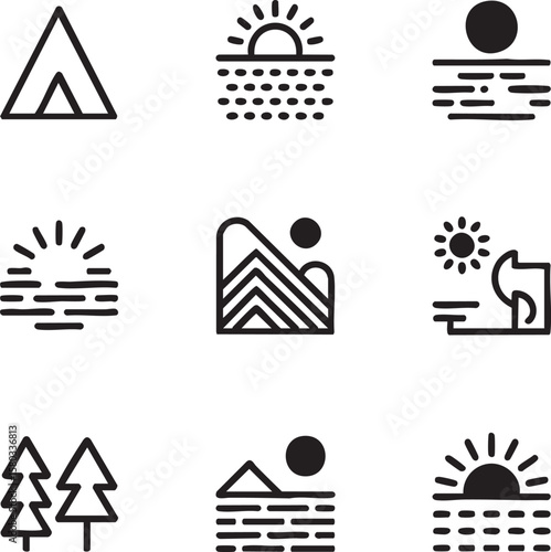Black line art icon set depicting nature and outdoor activities like camping and sunrises camping tent icon