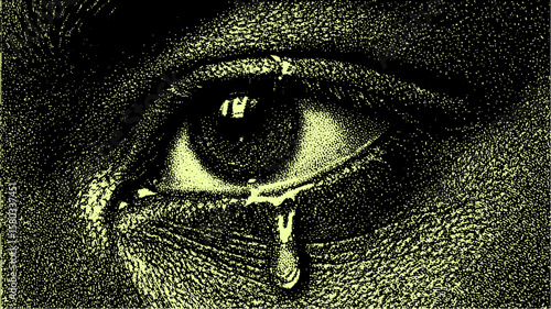 Closeup of a single eye with a tear. Monochrome dotwork vector illustration with detailed shading and texture.