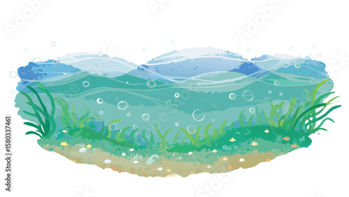 Illustration of an underwater scene with waves, bubbles, grass, and a sandy bottom view in watercolor