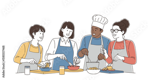 Diverse Group Cooking Together with Chef in Kitchen Illustration