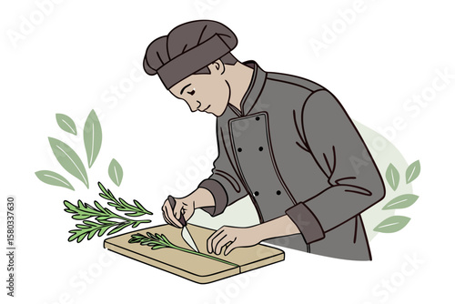 A focused chef in a grey uniform meticulously chops fresh rosemary on a wooden cutting board surrounded by decorative leaves