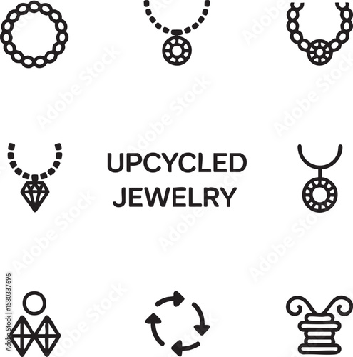 Black line art icon set for upcycled jewelry featuring necklaces bracelets and recycling symbols jewelry icon set