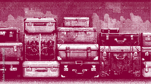 Vintage suitcases and trunks stacked together. Monochrome halftone vector illustration of a retro luggage set.