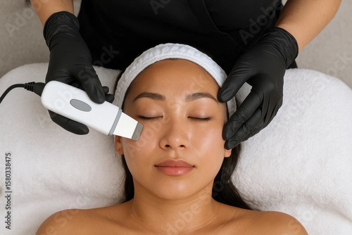 A serene moment of relaxation as a skilled esthetician performs a gentle facial treatment using a modern device