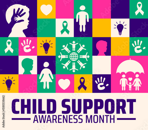 Child Support Awareness Month background or banner or poster design featuring bold purple text, ribbons, hearts, and symbolic icons promoting family welfare, parenting support, and children's rights.