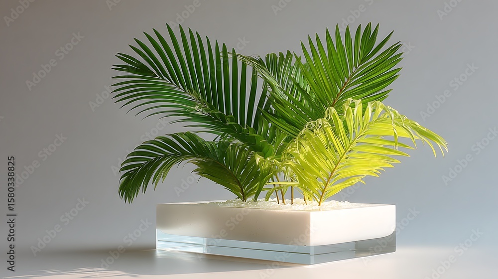 Fototapeta premium Modern white base with lighting and palm leaf accent 