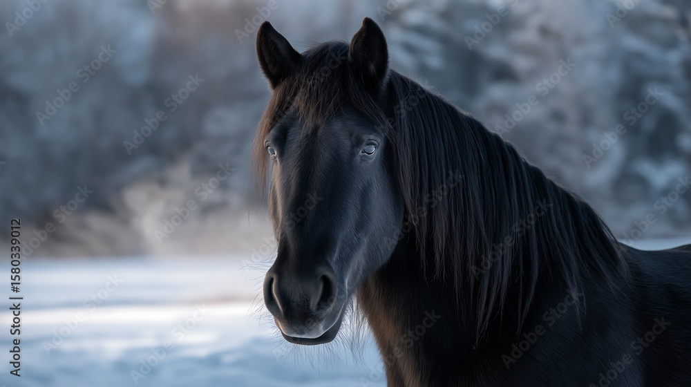 Obraz premium Percheron draft horse in snowy rural field, steam rising from breath in early morning chill.