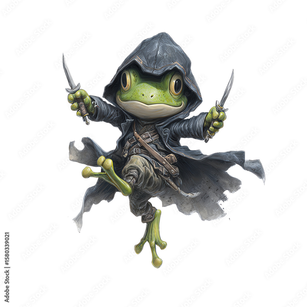 Fototapeta premium Playful frog in a hooded cloak with knives.