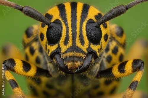 A close-up of a bee's face reveals its intricate pattern of black and yellow stripes, highlighting the delicate balance between nature's design and functionality