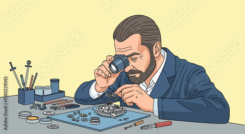 Precision Horology: Expert Watchmaker Repairing Timepiece with Loupe Illustration