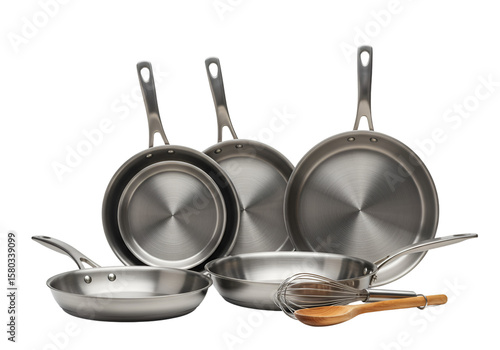 Isolated Stainless Steel Cookware Pans Utensils Pots and Silver on PNG