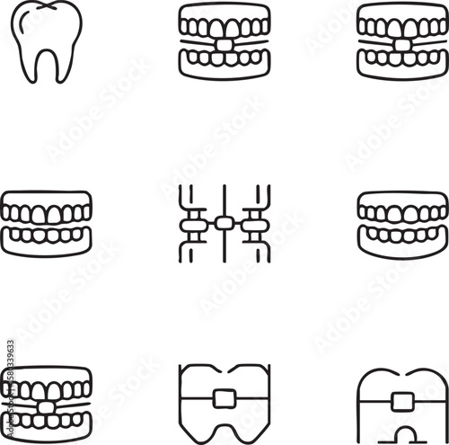 Icon set of dental care and orthodontics symbols in black line art tooth braces