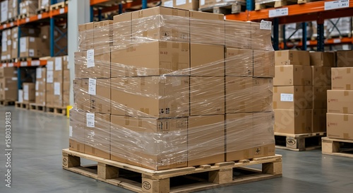 Wallpaper Mural Stacked cardboard boxes wrapped in plastic on a pallet inside a warehouse or storage facility Torontodigital.ca