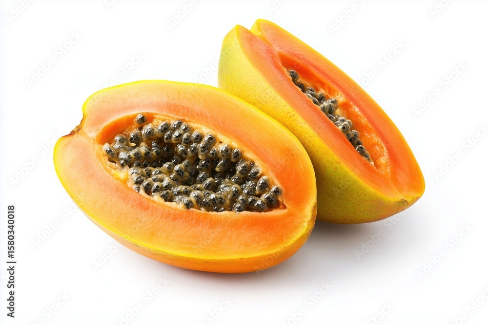 A perfectly ripe, vibrant orange papaya fruit isolated on a pure white studio background, highlighting its clean, unblemished surface and natural texture. A perfectly ripe, vibrant orange papaya fruit isolated on a pure white studio background, highlighting its clean, unblemished surface and natural texture.
