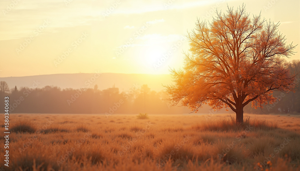 Fototapeta premium Autumn tree silhouetted against sunset in a golden field 