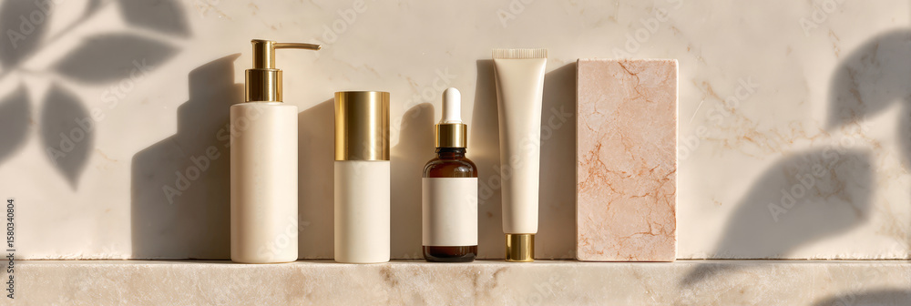 Fototapeta premium Elegant skincare product arrangement on marble surface