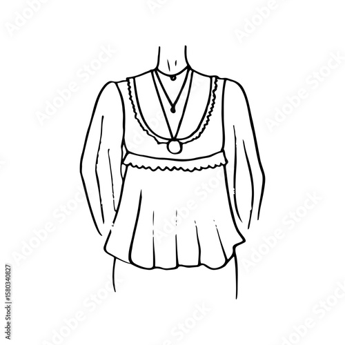 female torso in boho blouse with trinket pendants on neck - hand drawn line art drawing
