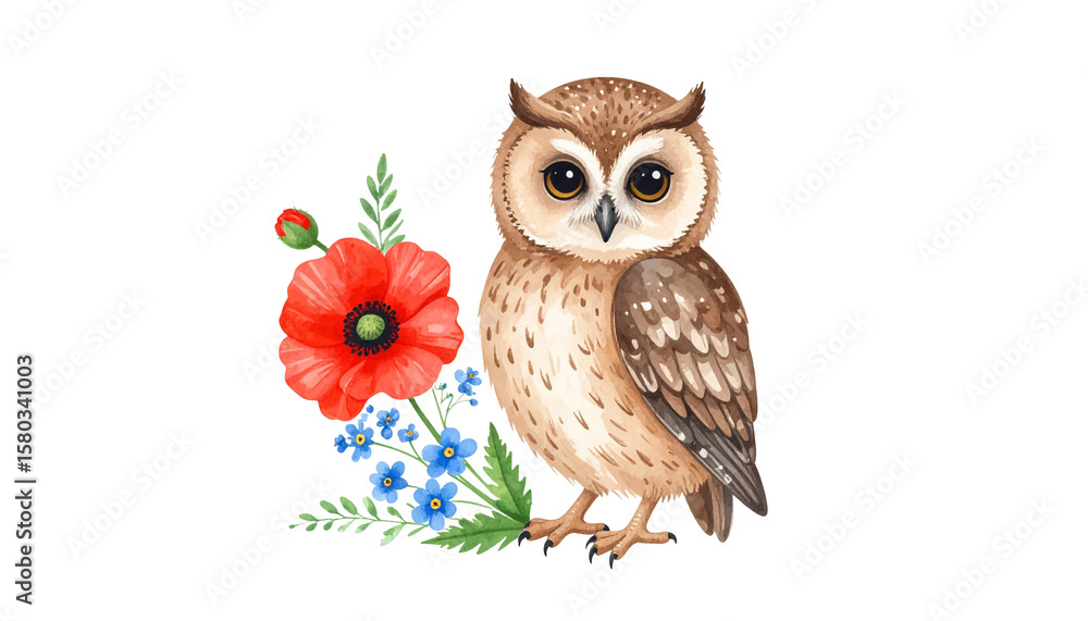 Obraz premium Cute little brown owl sitting on a branch isolated on white background