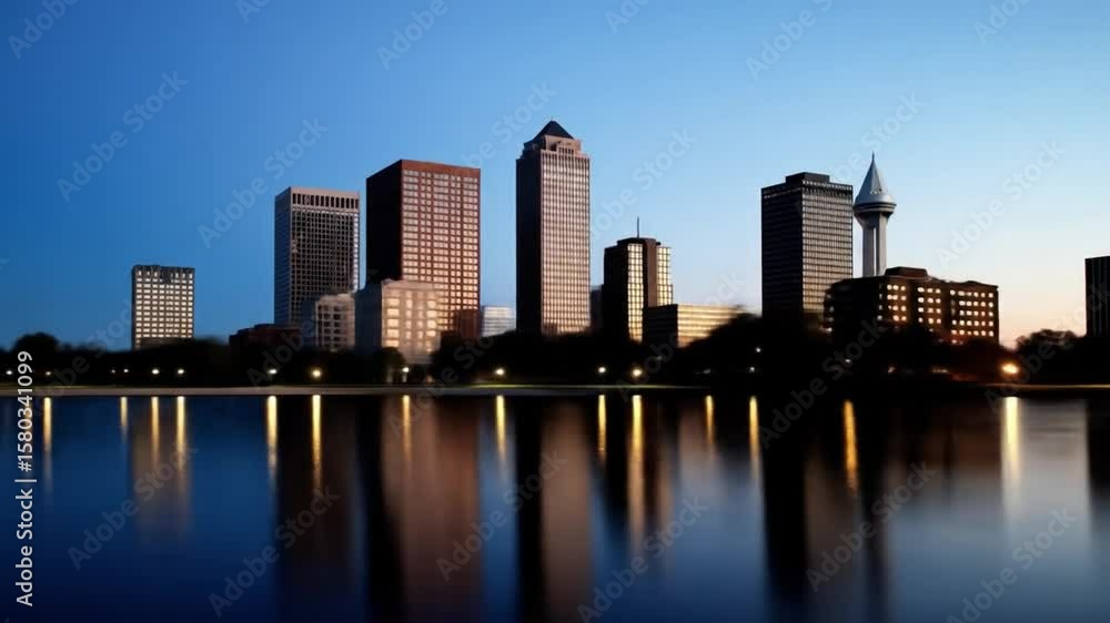 Skyline reflecting in water at dusk city buildings lit against twilight sky Skyline reflecting in water at dusk city buildings lit against twilight sky