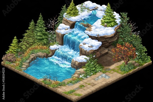 Winter waterfall scene, isometric view. Lush forest surrounds a cascading waterfall, partially covered in snow.  A placid pool gathers the water below