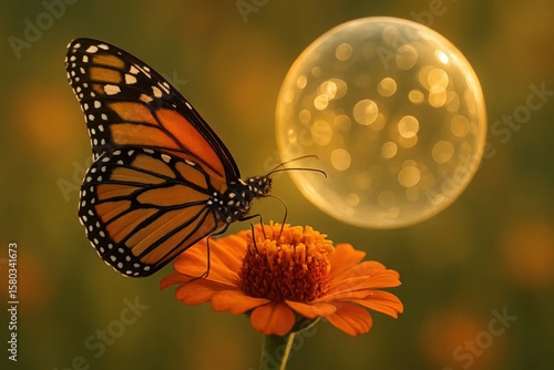 A Monarch Butterfly and a Glowing Orchid in Harmony