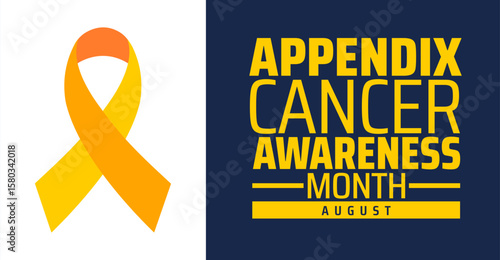 Appendix Cancer Awareness Month background, banner or poster design for August featuring orange and yellow ribbon on blue background, promoting support, advocacy, and education for rare cancer.