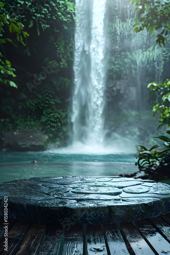 A tranquil natural setting featuring a small waterfall cascading into a round stone pool, surrounded by lush greenery. The foreground includes a circular stone platform with a wet, textured surface.