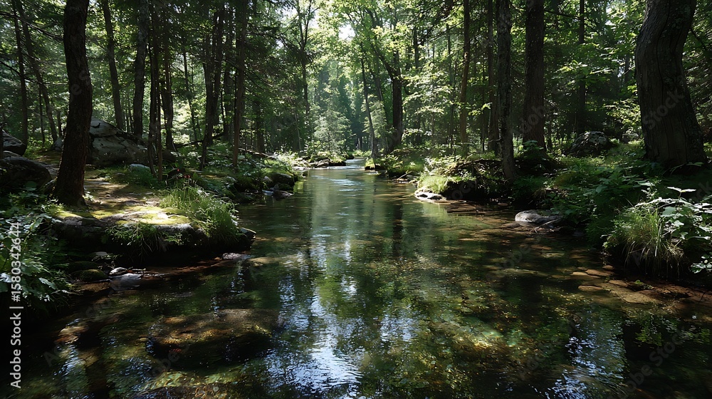 Obraz premium Sunlit forest with winding clear stream design