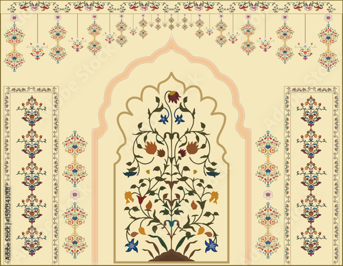 Rajasthani Jharokha Arches Wallpaper Mural for Home Decor, Luxury Mughal Architecture Floral Wall Mural, Traditional Indian Haveli Wall Art, Wedding Back Drops, Indian Wedding Digital Backdrop, Vector