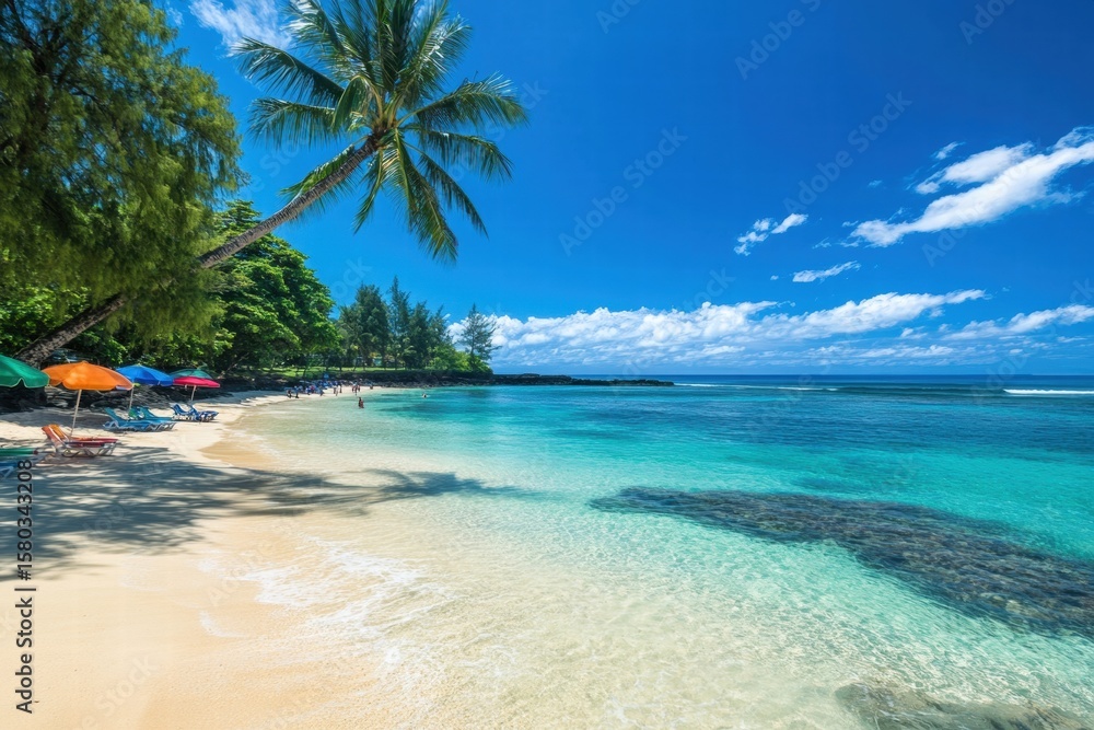 Naklejka premium White beach with turquoise water and palm trees