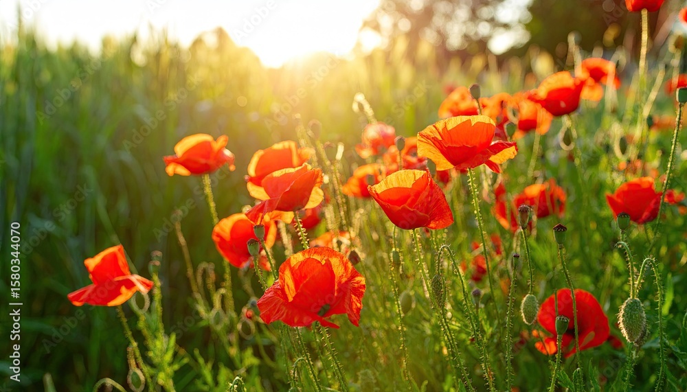 Fototapeta premium Vibrant poppies in a golden field at sunset