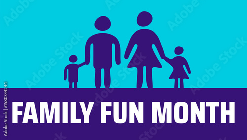 Family Fun Month background, banner or poster design for August featuring purple silhouette icons of parents and children on a light blue background, celebrating togetherness, bonding, and joyful