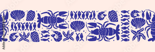 Seafood hand drawn seamless horizontal border with lobster, fish, and marine elements. Retro Mediterranean vibe in naive, monochrome style. Perfect for kitchen, restaurant menu, and summer design.