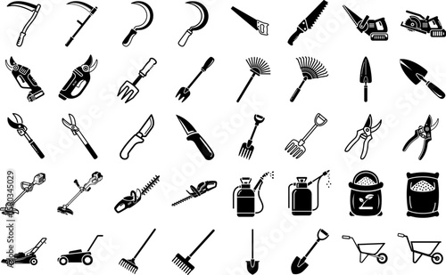 A set of 40 black and white icons of a variety of garden tools and accessories.
