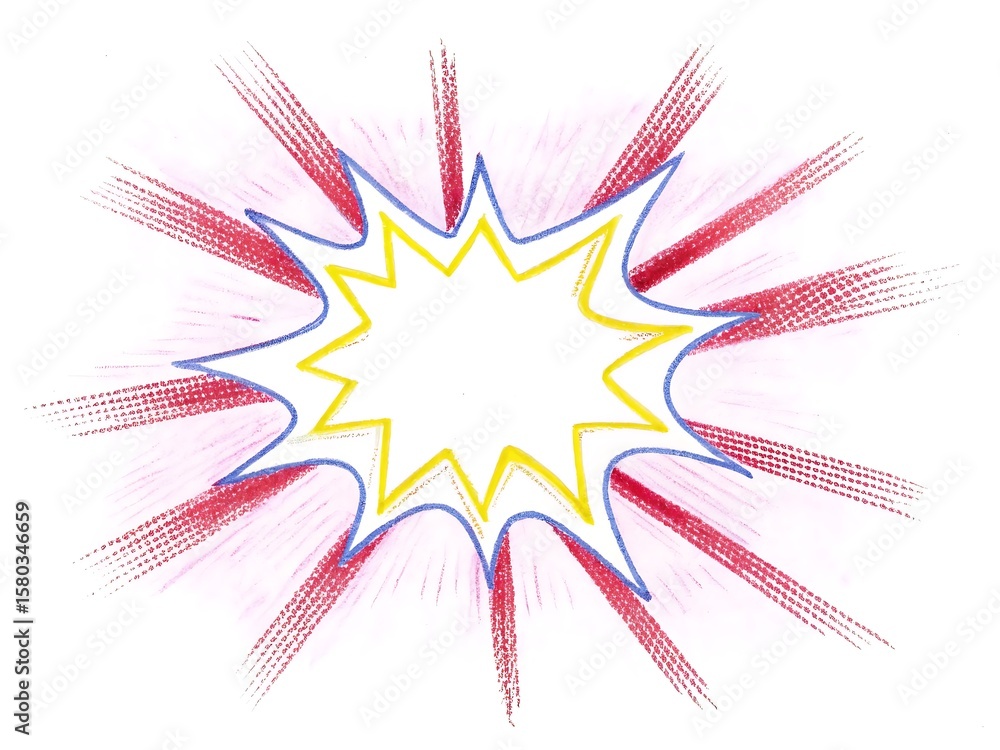Obraz premium Hand drawn comic book style explosion with red and yellow starburst and blue outline on white background