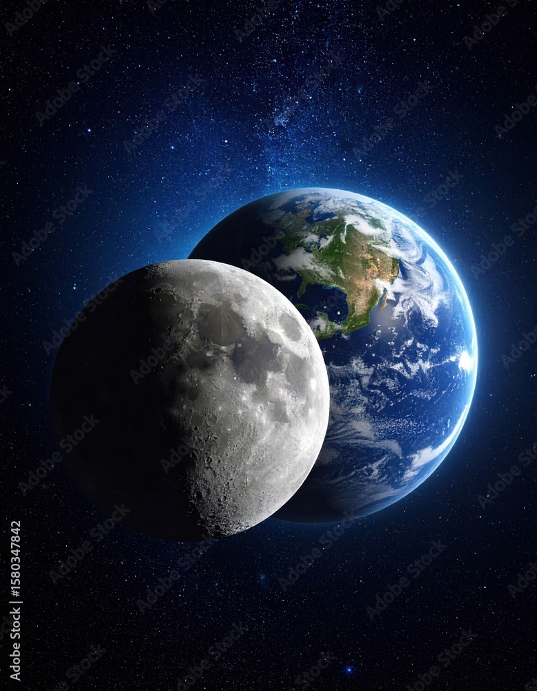 Fototapeta premium Stunning view of earth and moon in space with starry background