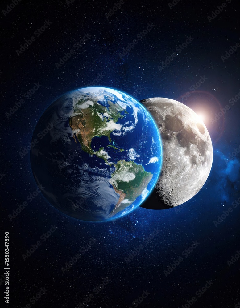 Naklejka premium Earth and moon in space with sunlight glinting in a starry background