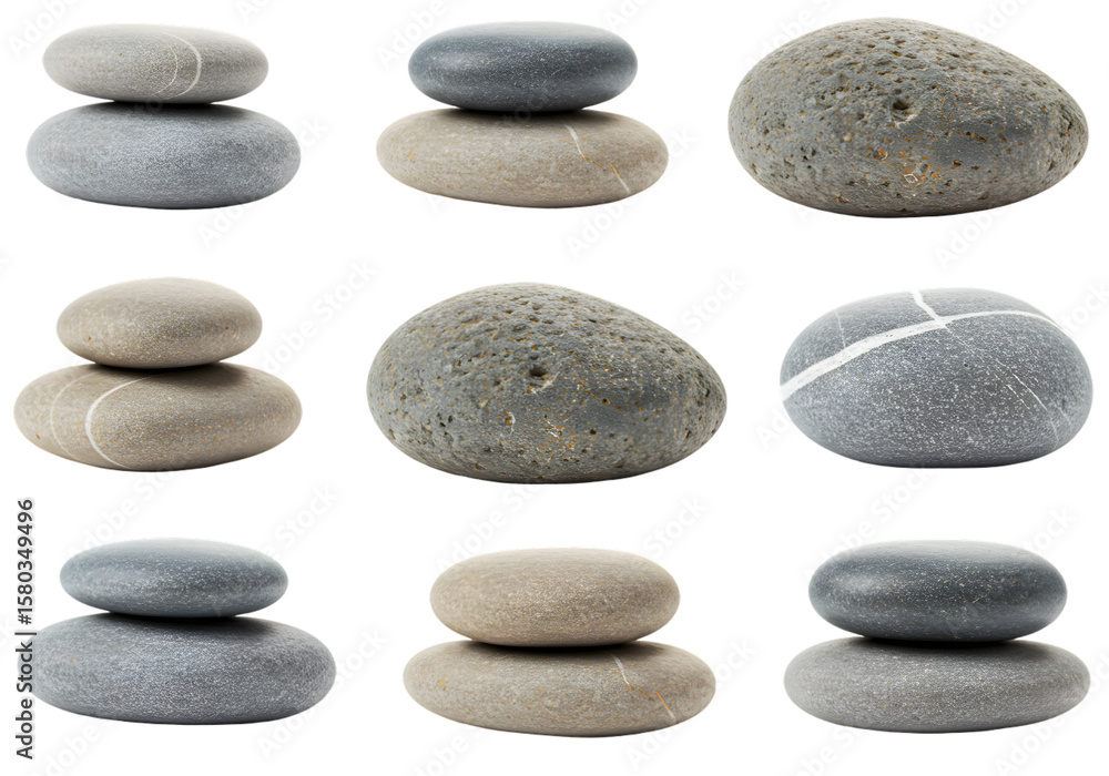Fototapeta premium Isolated Stones Piles Smooth Spa Pebbles Stacking Harmony In Transparent