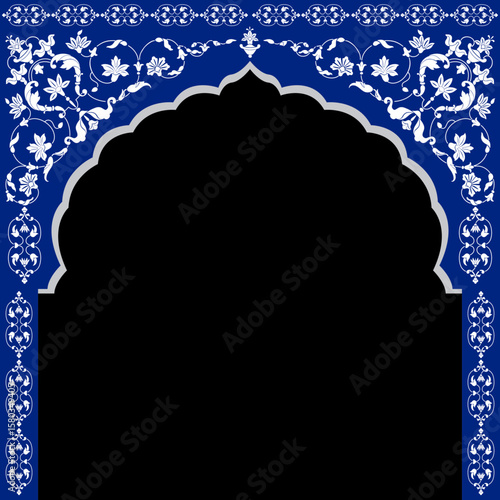 Beautiful Arch Design with Indian Rajasthani fort and Culture. Wedding Backdrop and other uses. Abstract Indian floral rug design, Persian carpet, tribal texture art, Backdrop, Wallpaper, Vector File.