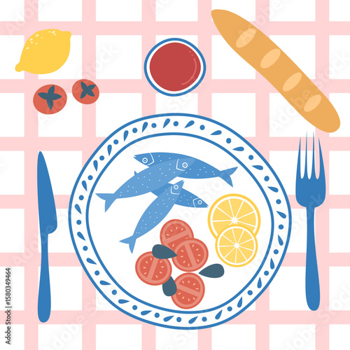  cute hand drawn summer italian traditional food sardine wit tomatoes, lemons, bread and glass of wine top view flat vector illustration