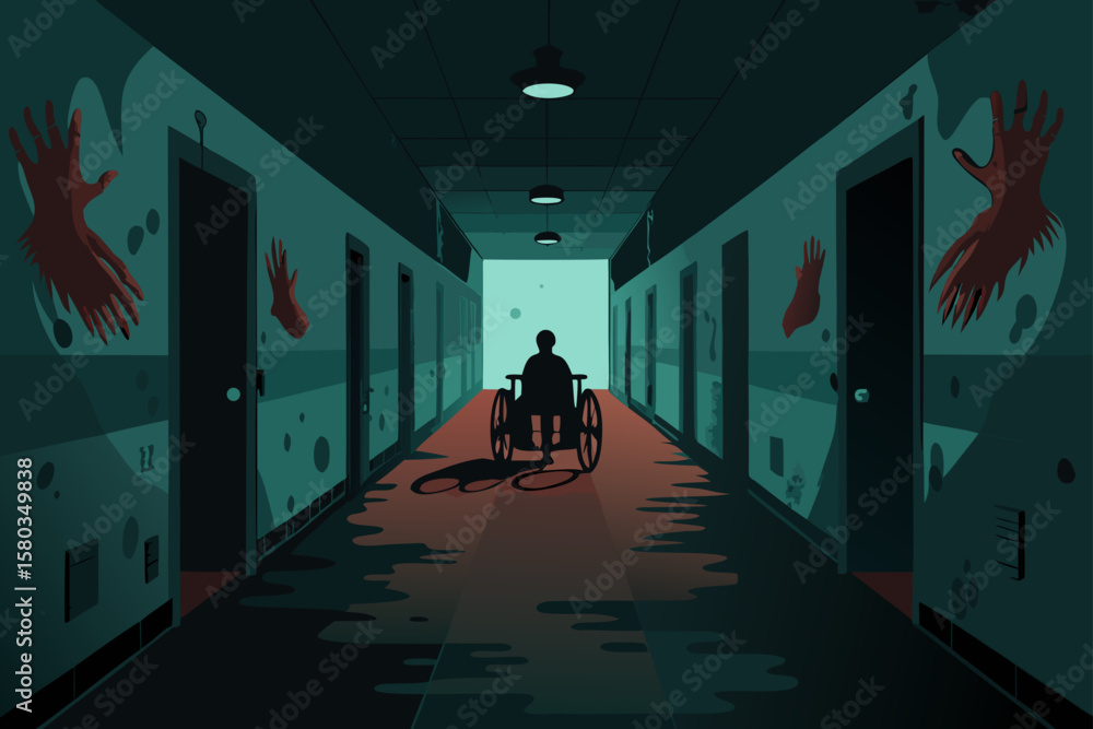 A solitary silhouette of a businessman walks through a long, dark corridor, illuminated by distant light A solitary silhouette of a businessman walks through a long, dark corridor, illuminated by distant light