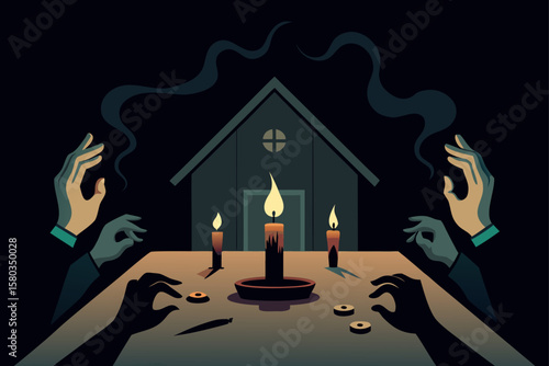 An illustration of a woman praying with a candle inside a church, a symbol of faith and family