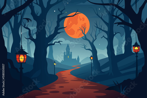Spooky Halloween night landscape illustration with a full moon, silhouetted trees, and a lone pumpkin