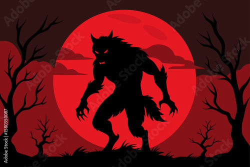 Night black wolf silhouette howls at the moon in a dark forest vector illustration