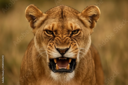 A fierce lioness stands guard over her territory with a roar that echoes through the savanna
