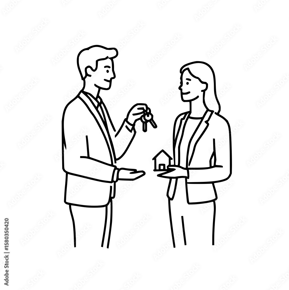 Man giving keys to a woman holding a miniature house in a line drawing style with simple white background Man giving keys to a woman holding a miniature house in a line drawing style with simple white background