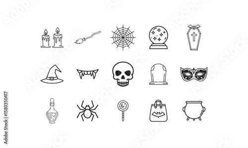 Halloween icons including candles broom spider web crystal ball coffin witch hat fangs skull tombstone mask potion lollipop candy bag cauldron