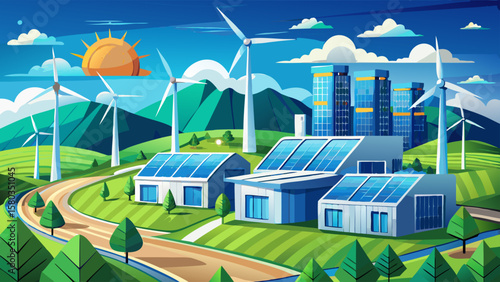 Modern eco-friendly data centers stand amid green fields, renewable energy sources. Solar panels cover building rooftops. Wind turbines generate clean .Very beautiful 
