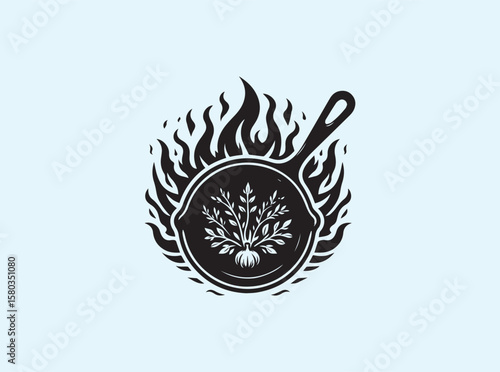 Traditional cast iron pan heating on stylized open flames