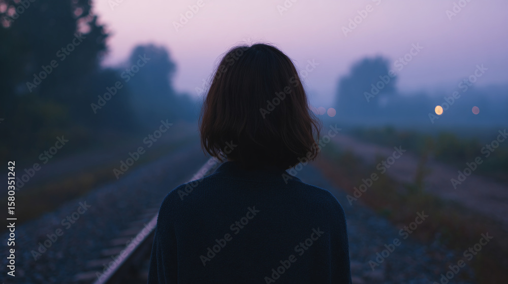 Fototapeta premium A Serene Journey Through Fog: A Contemplative Figure on an Empty Railway at Dawn Reflecting on Life's Transformative Moments